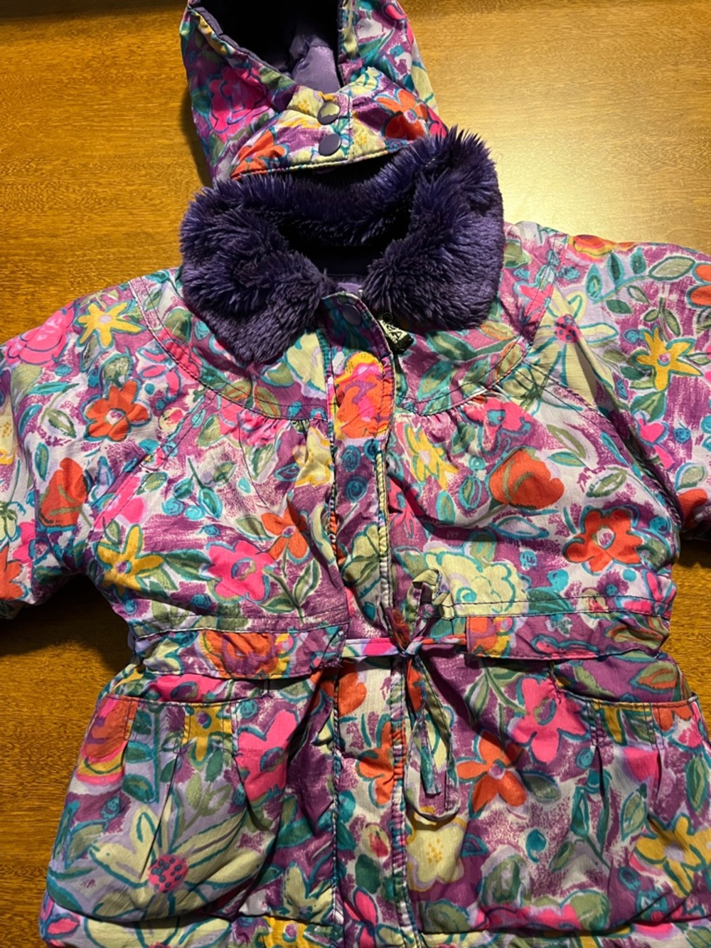 Kids Floral Puffer Coat with Faux-Fur Collar - Purple Floral